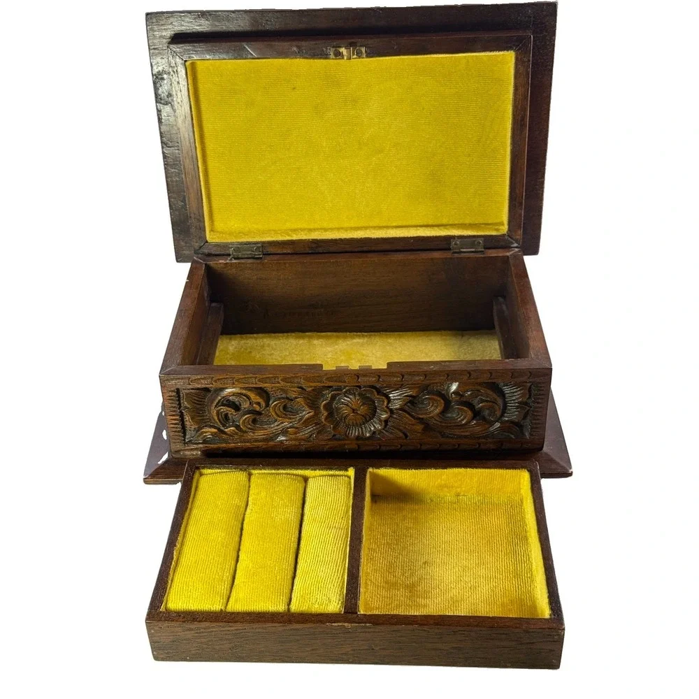 Vintage 1970s Thai Hand Carved Teak Jewelry Box Velvet Lining Tony M. Chiangmai